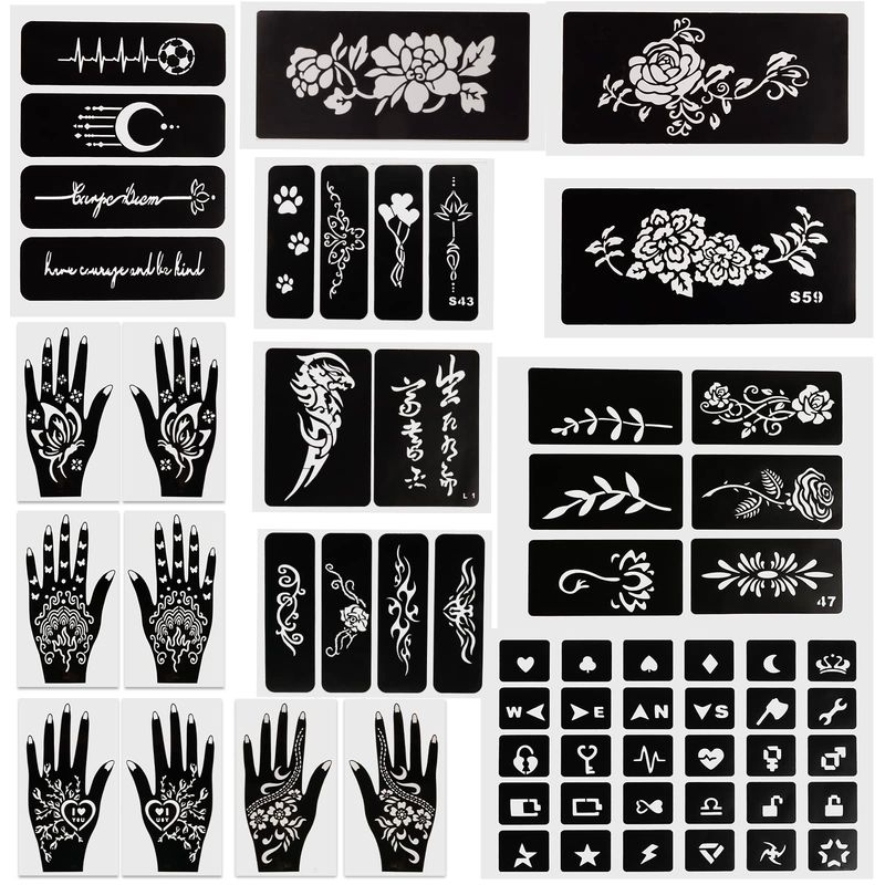 Qullue henna tattoo stencils kit henna kit Self-adhesive hand mold, flowers and other motifs are suitable for women, girls and teenagersDIY Body Art Stencils. (henna tattoo stencils kit II)