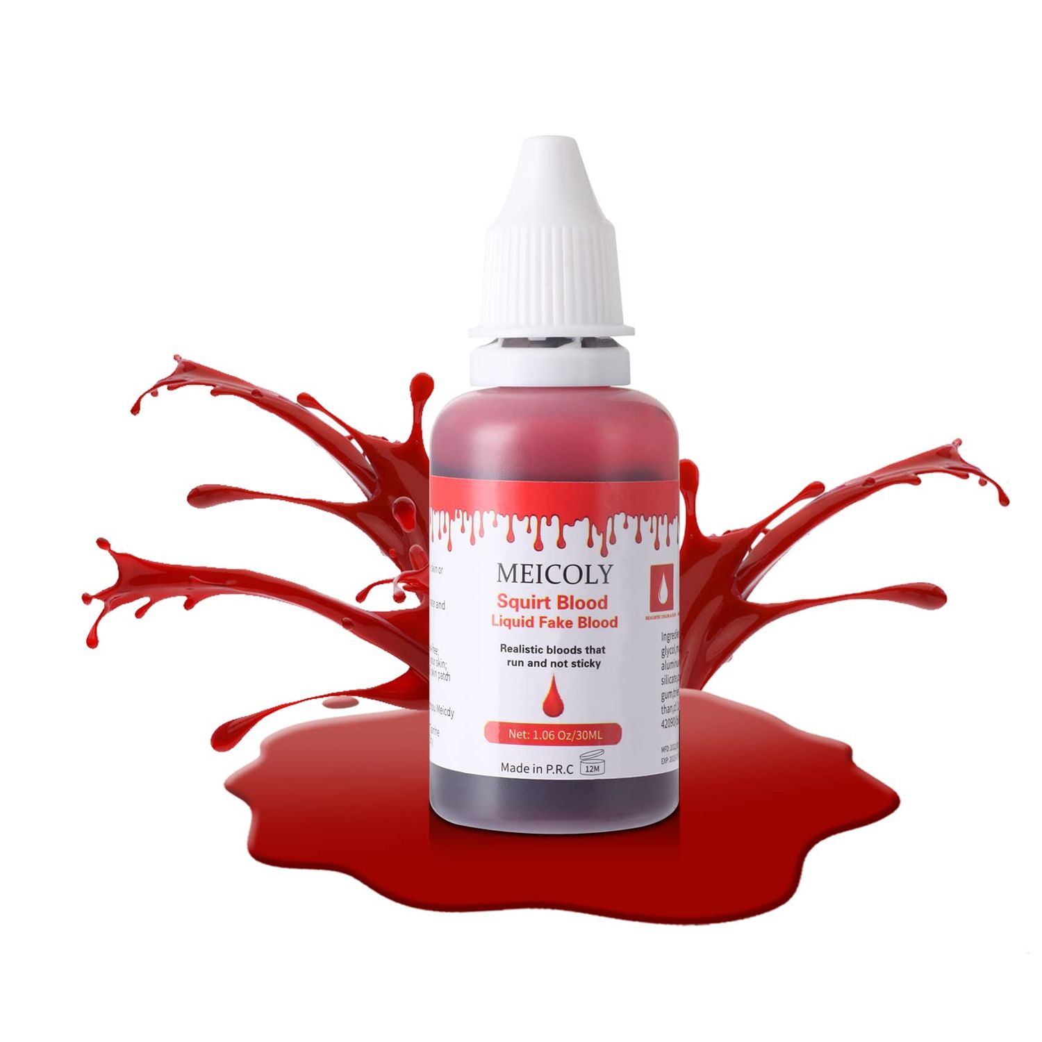 MEICOLY 1.06 Oz Halloween Dripping Fake Blood, Realistic Washable Edible Liquid Blood,Squirt Blood for Clothes,Skin Kids Safe Drip Blood,Zombie Vampire Monster SFX Cut Flesh Wound Makeup,Bright