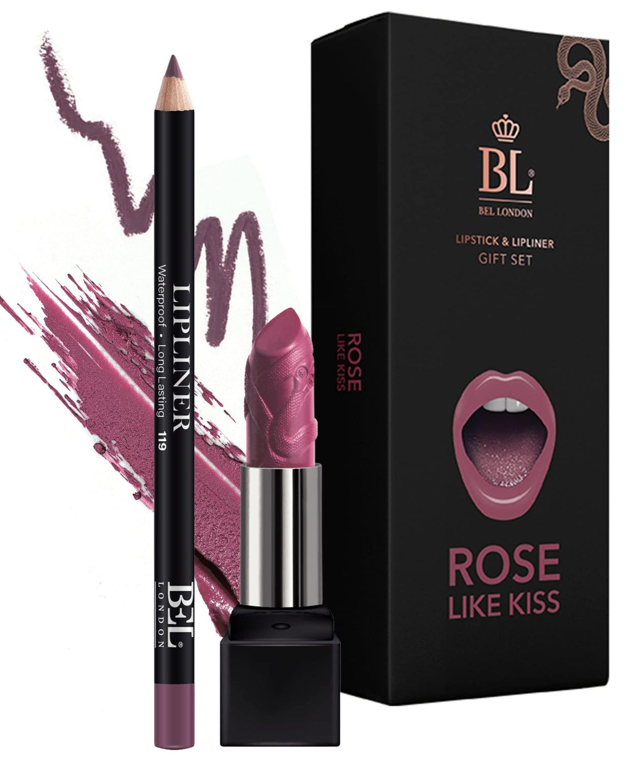 BL Color Matched Lip Liner &amp; Lipstick Set (Rose) - Full-Coverage Argan Long Lasting Lipstick and Lip Liner Set With Natural Oils for Nourishment, Hydration, &amp; Protection - Chemical-Free