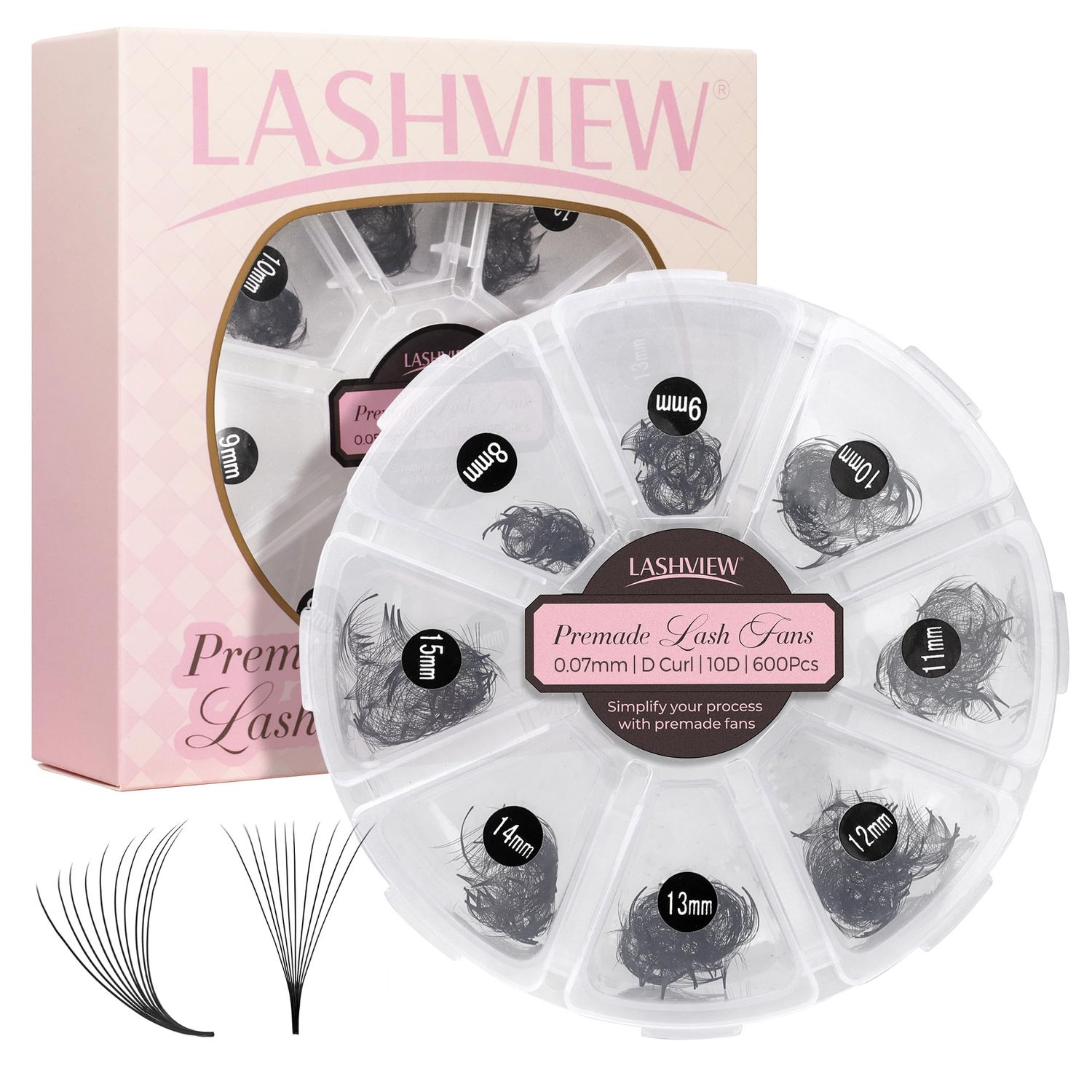 LASHVIEW 600 Fans 10D Premade Volume Eyelash Extensions Mixed Tray Premade Fans Eyelash Extensions D Curl Premade Lash Fans Pointed Handmade Promade Loose Fans Thin Base (10D-0.07D,8-15mm)