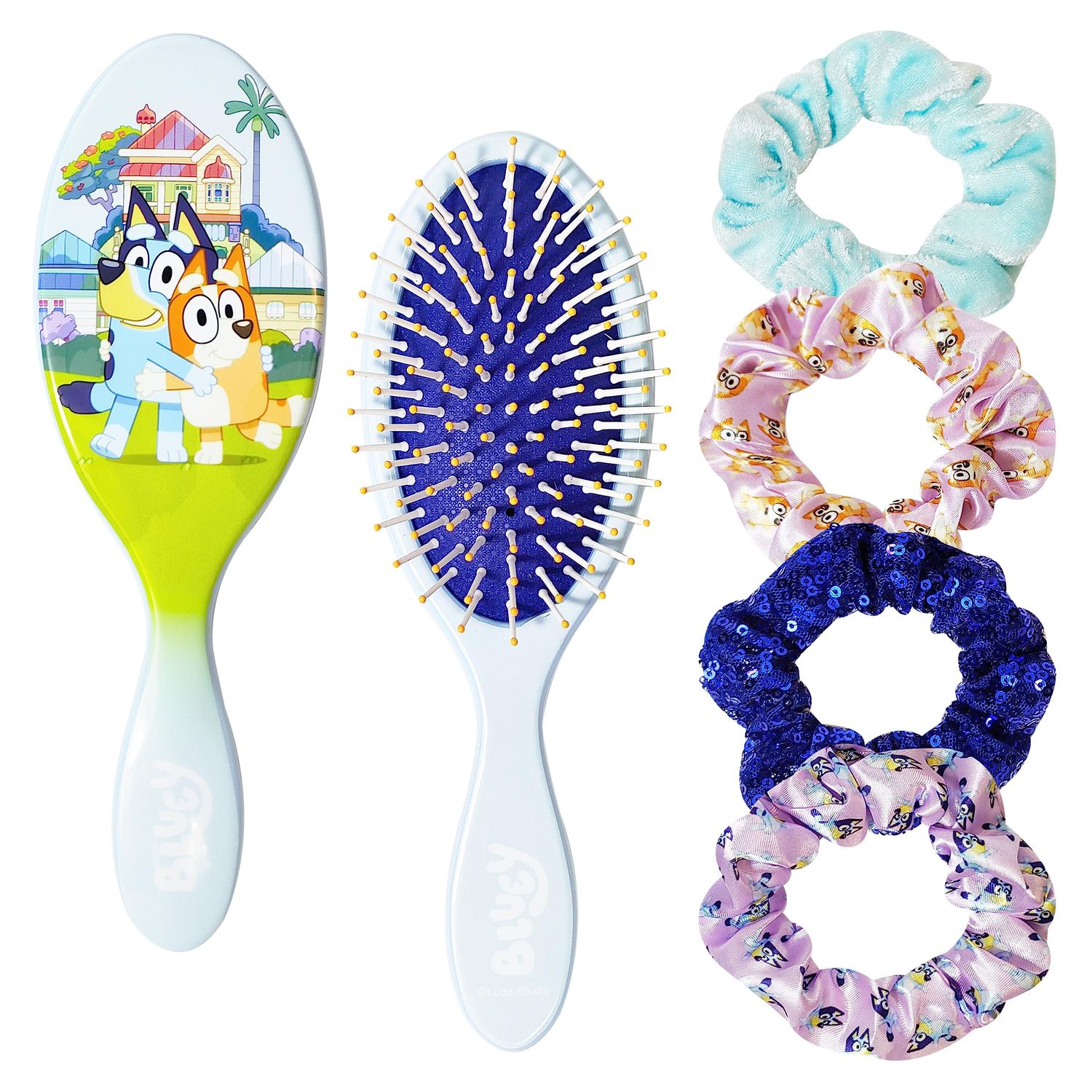 Bluey Detangling Brush and 4 Elastic Scrunchies Hair Accessory Set for Kids - Ages 3