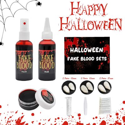 Halloween Fake Blood SFX Makeup Kit,12 PCS Horror Fangs2.1oz Fake Blood Spray2.1oz Dripping Blood1.05oz Coagulated Gel Blood,Realistic Effects Washable,for Clothes,Zombie Vampire Monster