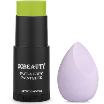 CCbeauty Ogre Green Face Paint Stick,Face Painting Kit,Professional Body Paint,Non Toxic SFX Makeup For Shrek Disgust Goblin Halloween Costume Cosplay,Full Coverage Painting Foundation  Makeup Sponge