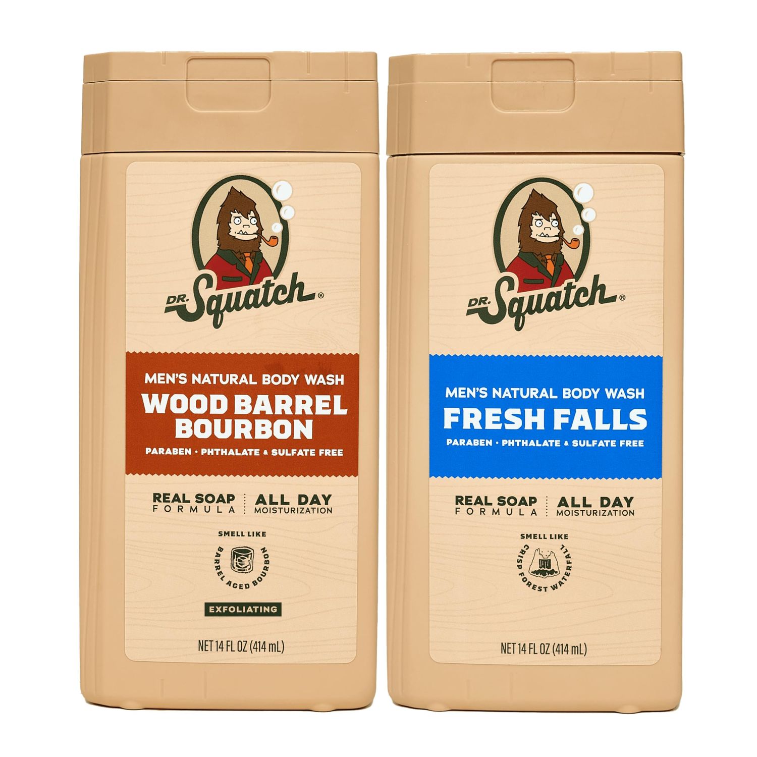 Dr. Squatch NEW Natural Body Wash for Men - Exfoliating and Non-Exfoliating - Wood Barrel Bourbon  Fresh Falls (14 oz, 2 Pack)