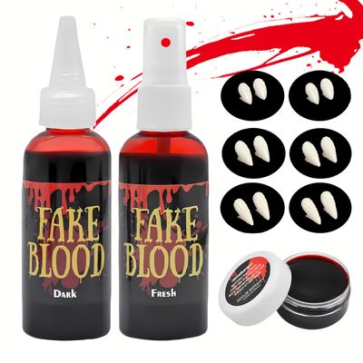 Halloween Fake Blood SFX Makeup Kit,12 PCS Horror Fangs2.1oz Fake Blood Spray2.1oz Dripping Blood1.05oz Coagulated Gel Blood,Realistic Effects Washable,for Clothes,Zombie Vampire Monster