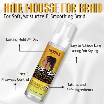 Braid Foam for Braids, Twists, Locs - No Flake Extra Hold &amp; High Shine - Lightweight Mousse Moisturizes &amp; Styles Hair - 8fl oz