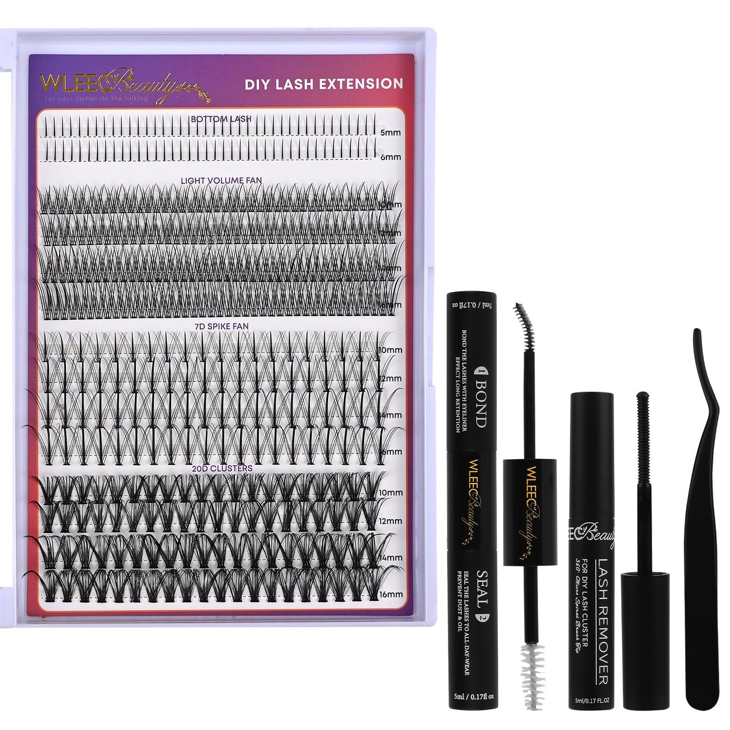 Wleec Beauty Lash Clusters Kit Bottom Lashes, 7D Spike Fan Lash Clusters D Curl Wispy Individual Lashes Kit, 320PCS DIY Lash Extension Mixed 10-16mm with Lash Bond and Seal, Lash Remover and Tweezers