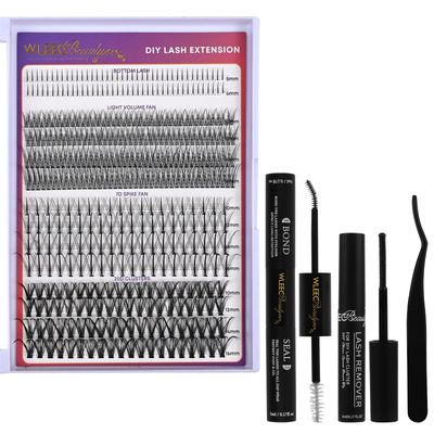 Wleec Beauty Lash Clusters Kit Bottom Lashes, 7D Spike Fan Lash Clusters D Curl Wispy Individual Lashes Kit, 320PCS DIY Lash Extension Mixed 10-16mm with Lash Bond and Seal, Lash Remover and Tweezers