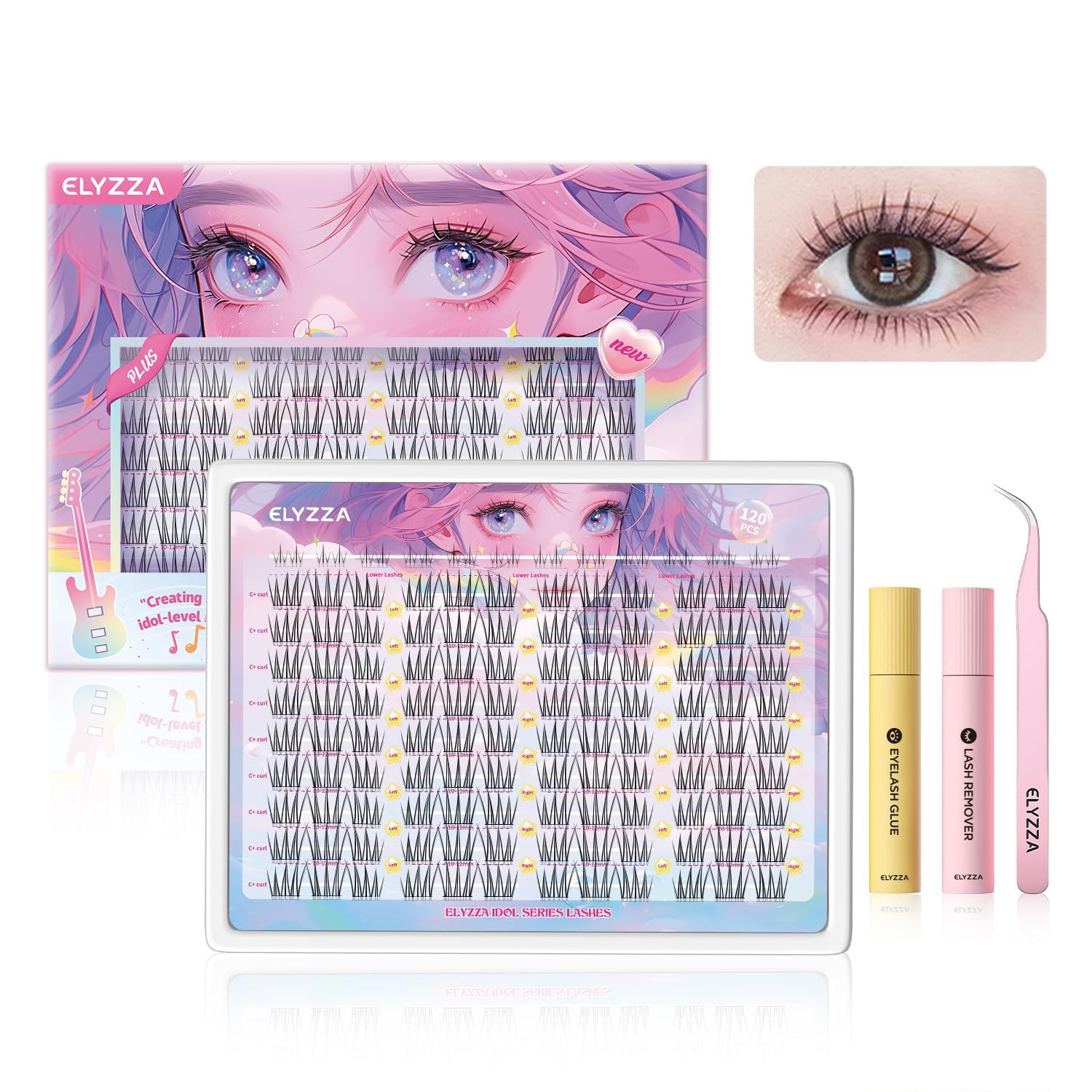 ELYZZA Idol Lash Extension Kit 10-12mm Cluster Lashes C Curl Natural Look Eyelash Clusters With Bottom Lashes Faux Lash Clusters Extensions With Tweezers &amp; Glue For DIY Individual Lashes at Home