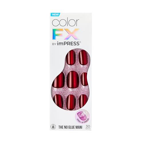 KISS imPRESS No Glue Mani Press-On Nails, Color FX, 'Hidden Gem', Red, Short Size, Oval Shape, Includes 30 Nails, Prep Pad, Instructions Sheet, 1 Manicure Stick, 1 Mini File