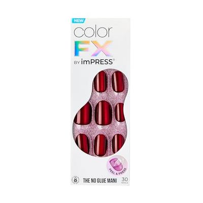 KISS imPRESS No Glue Mani Press-On Nails, Color FX, &#39;Hidden Gem&#39;, Red, Short Size, Oval Shape, Includes 30 Nails, Prep Pad, Instructions Sheet, 1 Manicure Stick, 1 Mini File