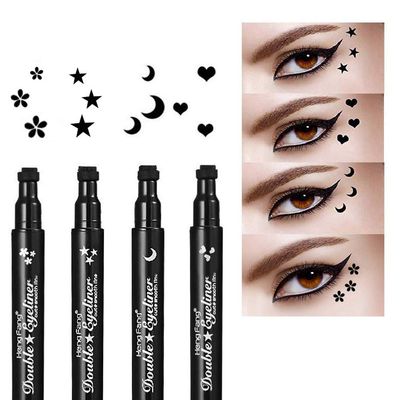 FATUXZ Double-headed Liquid Eyeliner Pen Stamp Super Slim Gel Felt Tip Waterproof Long Lasting Makeup Tool(HeartMoonflowerStar Shape Stamp Pen, 4 StylesSet)