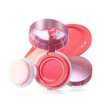 BLUE LOVE Cushion Liquid Blush for Cheeks with Mirror, Natural and Elegant Face Makeup Blush Cream, Silky Face Blushes Cheek Tint, Contour &amp; Highlight Face for Sheer Finish (Peach Pink)