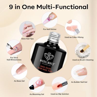 Modelones 9 in One Nail Glue Base Coat Nail Polish Set Brush On Gel Nail Glue 15ml for Rhinestone, False Nails, Base Gel, Blooming Nail Art Gel Nail Kit for Acrylic Nails U V Lamp Needed