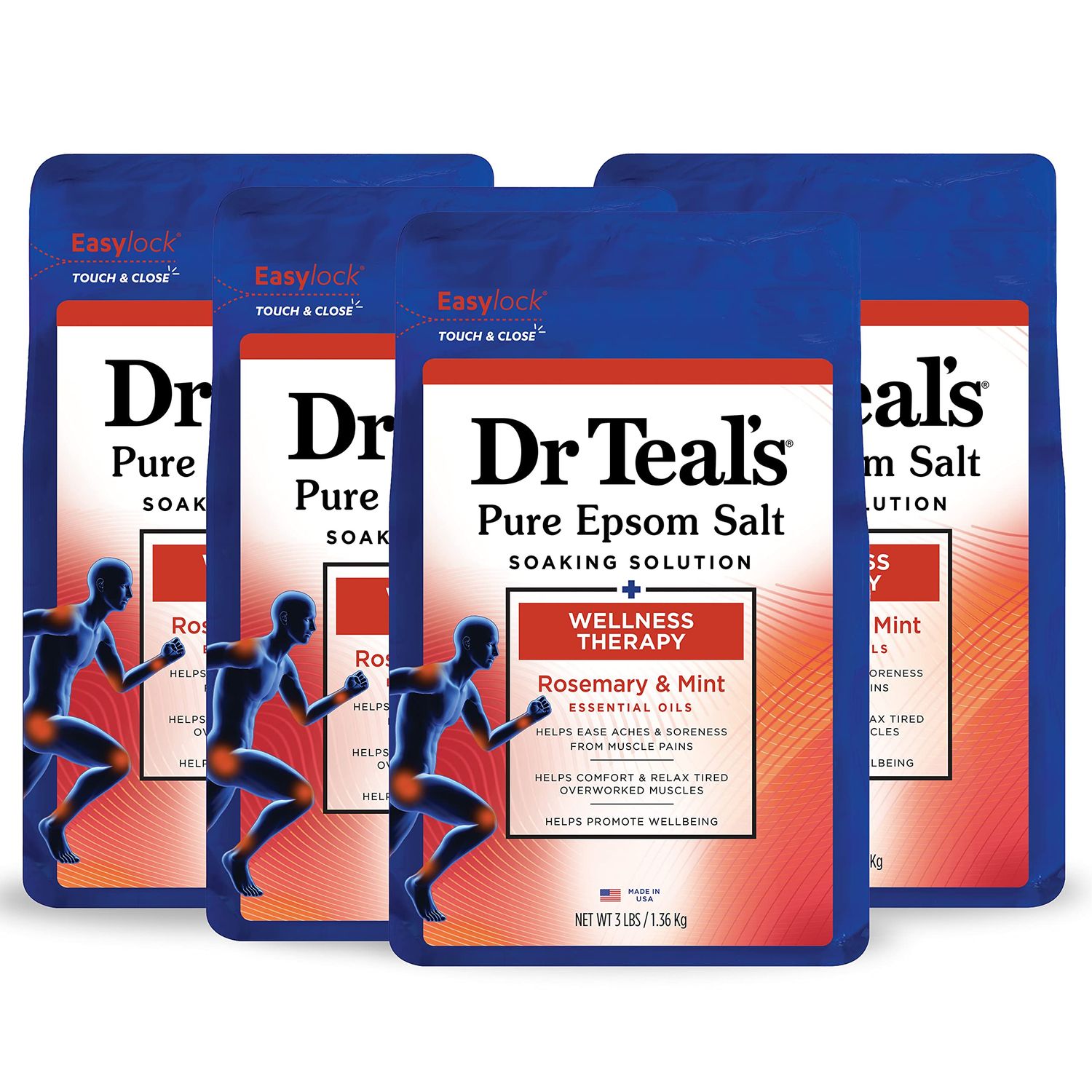Dr Teal&#39;s Pure Epsom Magnesium Salt Soak, Wellness Therapy with Rosemary &amp; Mint, 3 lbs (Pack of 4)