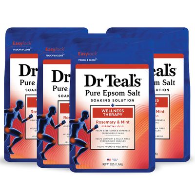 Dr Teal&#39;s Pure Epsom Magnesium Salt Soak, Wellness Therapy with Rosemary &amp; Mint, 3 lbs (Pack of 4)
