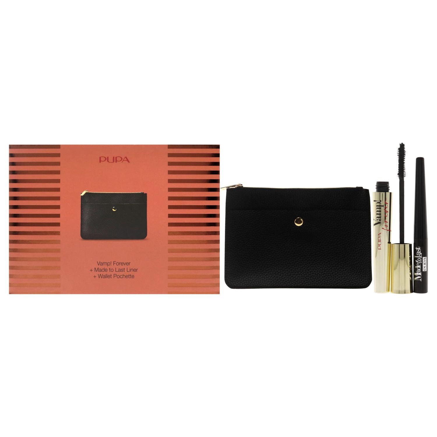 Pupa Milano Vamp! Forever and Made To Last Liner Kit 0.30oz Mascara - 111 Forever Black, 0.108oz Eyeliner - 001 Extra Black, Wallet Women 3 Pc