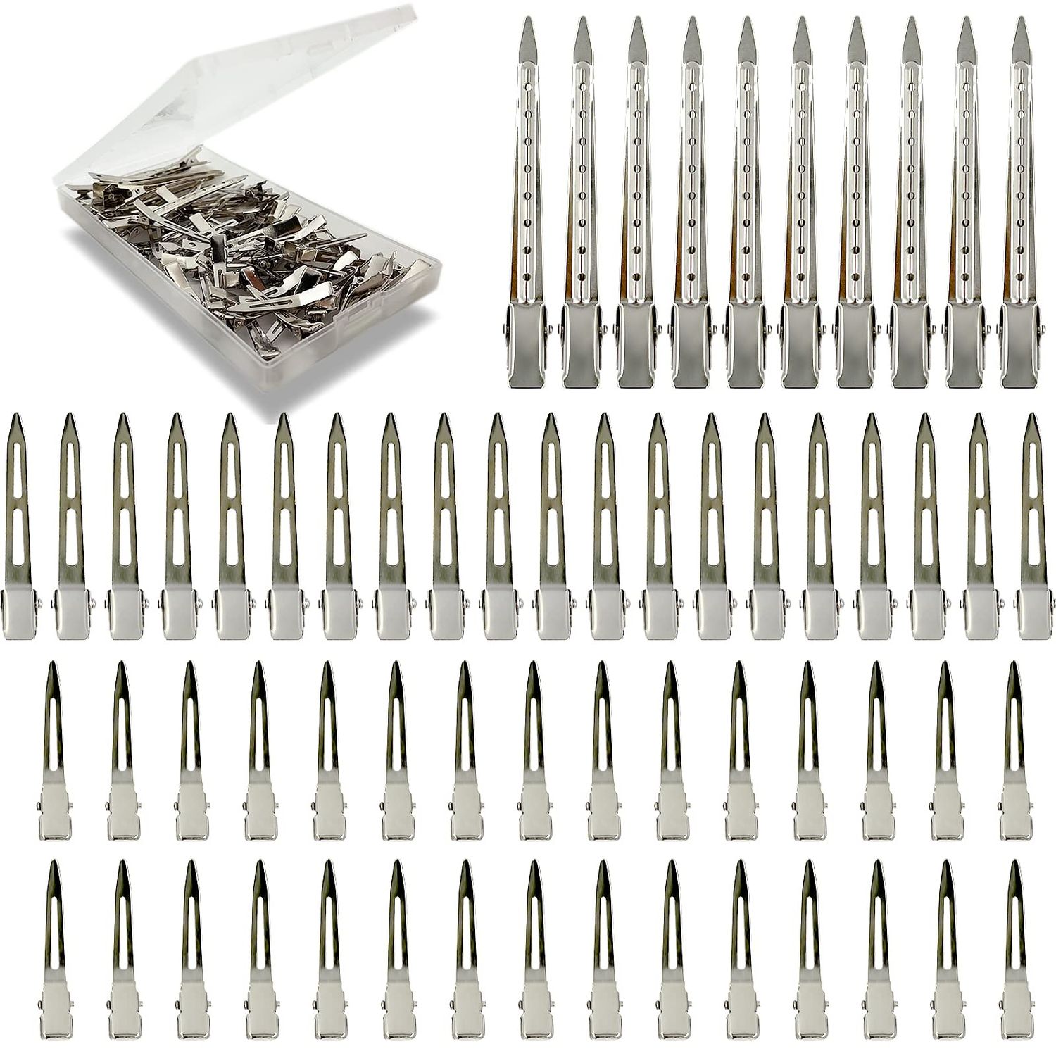Silver Metal Duck Billed Hair Clips Set - Alligator Roller Clips for Women&#39;s Long Hair Sectioning and Pin Curls, with Case