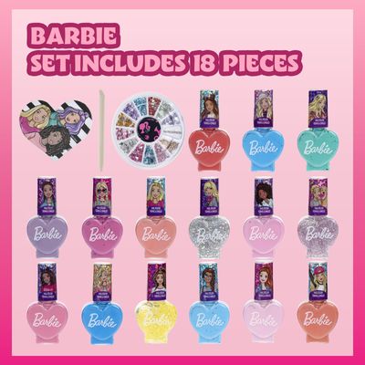 Barbie Movie 18 Piece Set Kids Water-Based Nail Polish Activity Makeup Set, Includes Nail Polish with Nail Gems Wheel and Nail File for Parties, Sleepovers and Makeovers, Townley Girl