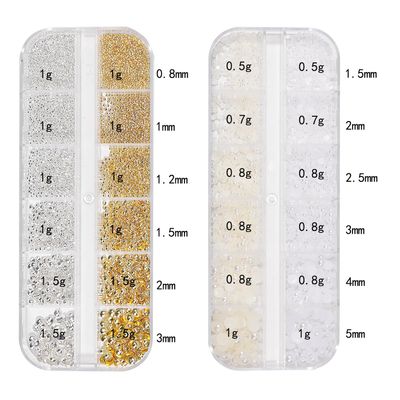 HNUIX Nail Art Charms - Metal Silver &amp; Gold Beads, Flat back Round Rhinestones, Small Nail Pearls, 3D Mixed Sizes Decorations for Nails