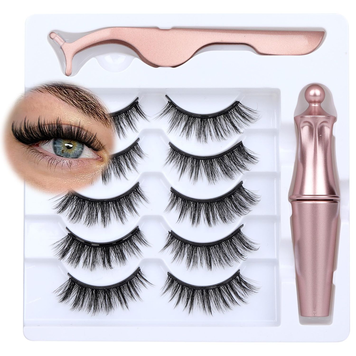 Newcally Magnetic Eyelashes with Eyeliner Kit Reusable Wispy Lashes Natural Look Magnetic Lashes Kit C Curl No Glue Needed 5 Pairs False Lashes with Magnetic Eyeliner &amp; Tweezers