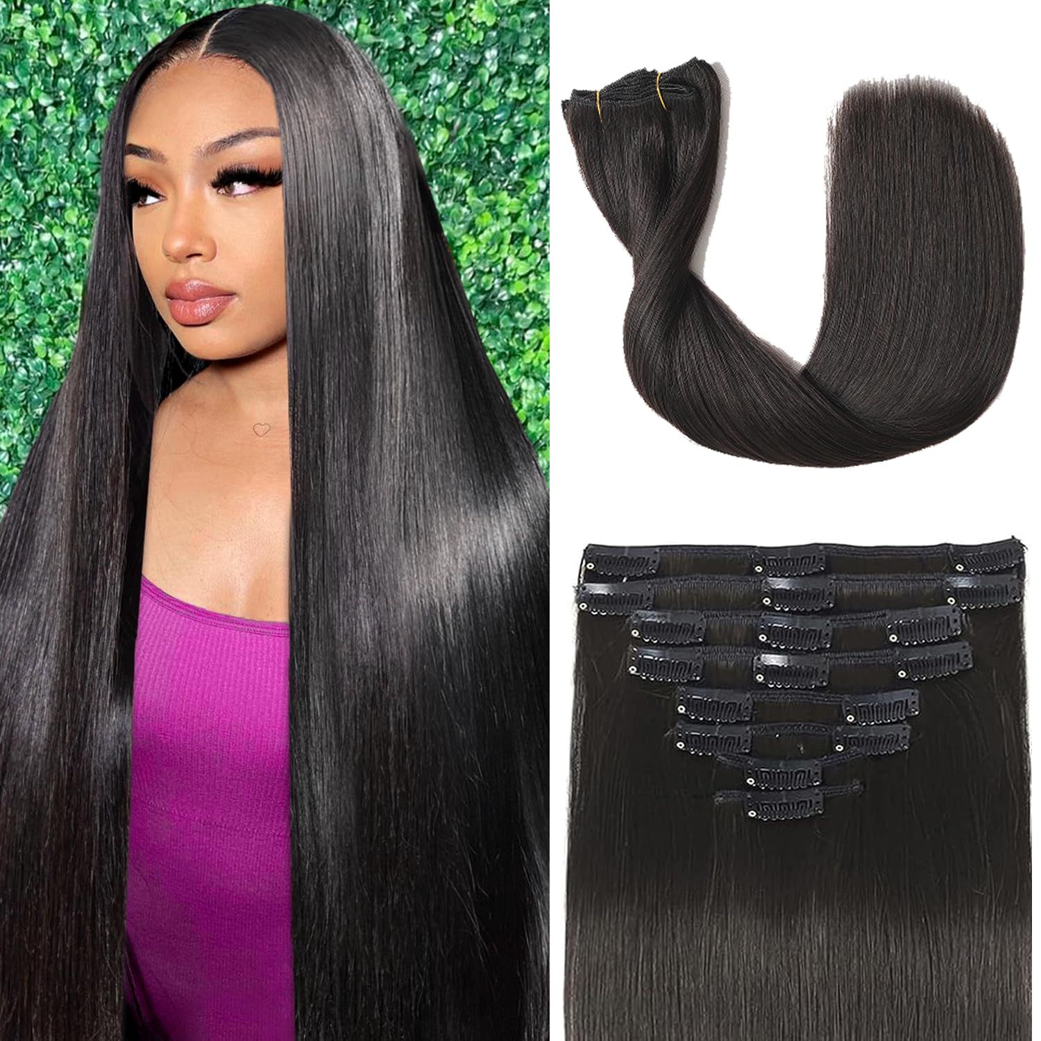 Tebelove Clip in Hair Extensions Real Human Hair, 100g3.6oz, Clip in 100% Brazilian Remy Human Hair Extension for Women, Double Weft 8pcs Per Set with 18 Clips 1B Natural Black 16 Inch