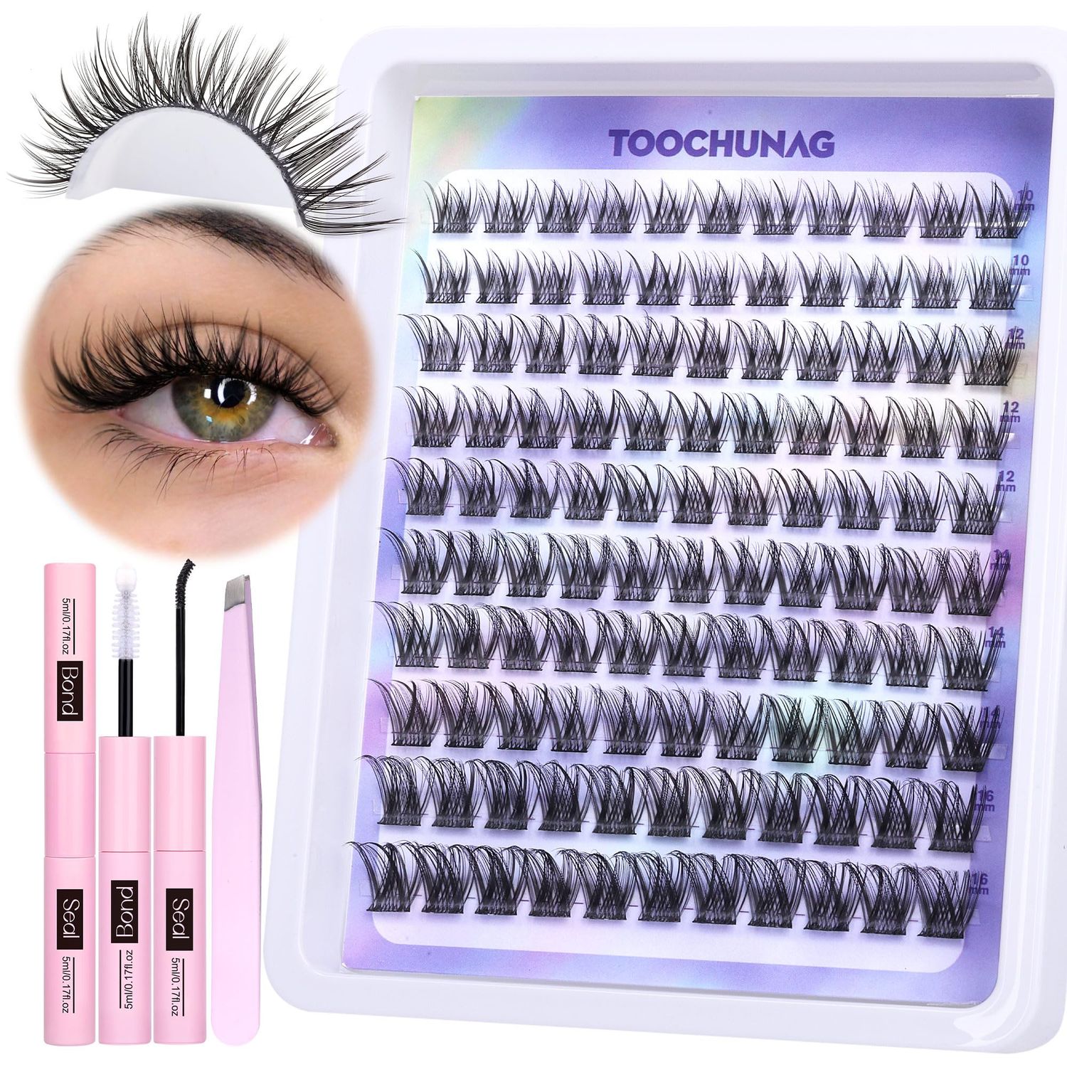 TOOCHUNAG Lash Extension Kit Natural Wispy Lash Clusters Kit 10-16mm Eyelash Extension C Curl Individual Cluster Lashes Extensions Kit, Lash Bond and Seal for Eyelashes Clusters with Tweezers