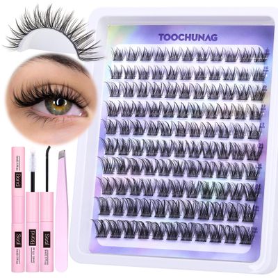 TOOCHUNAG Lash Extension Kit Natural Wispy Lash Clusters Kit 10-16mm Eyelash Extension C Curl Individual Cluster Lashes Extensions Kit, Lash Bond and Seal for Eyelashes Clusters with Tweezers