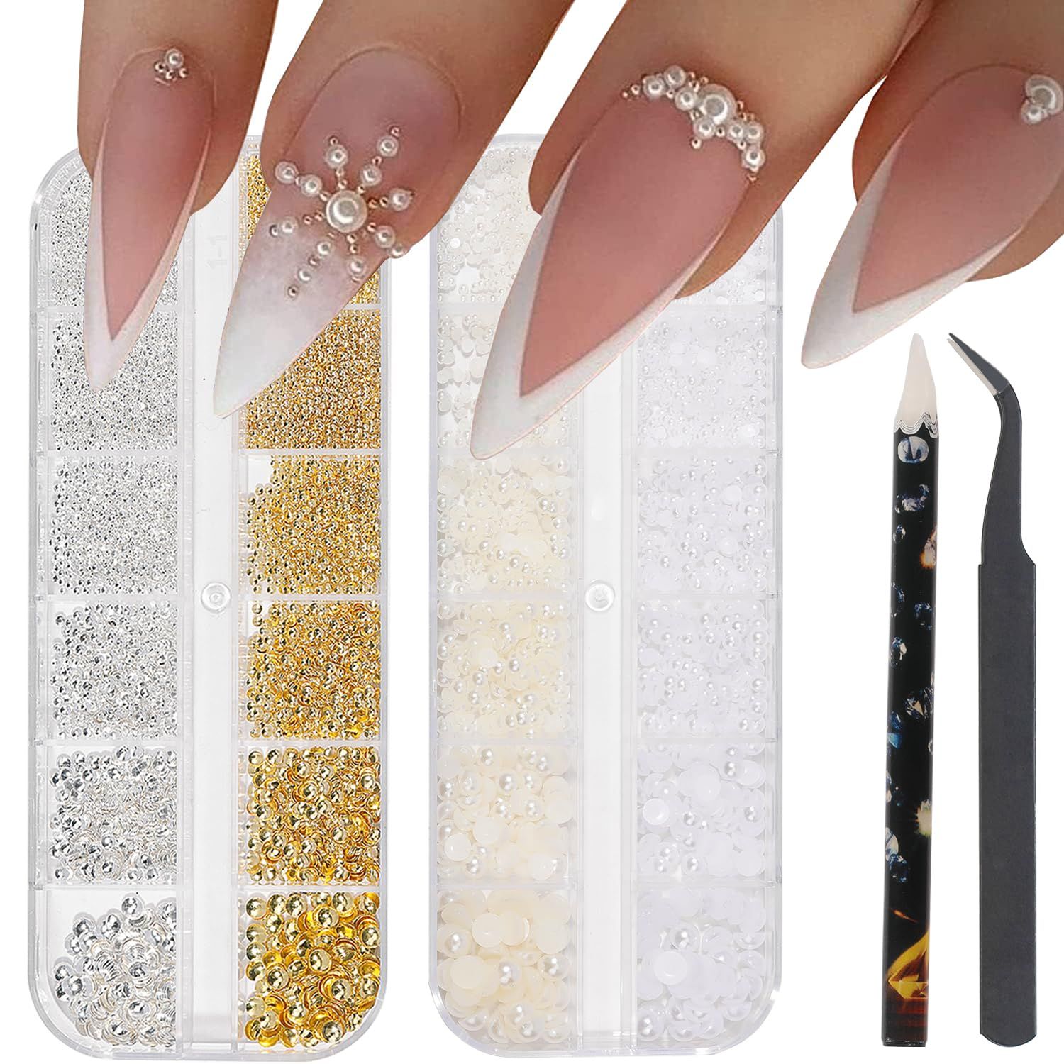 HNUIX Nail Art Charms - Metal Silver &amp; Gold Beads, Flat back Round Rhinestones, Small Nail Pearls, 3D Mixed Sizes Decorations for Nails