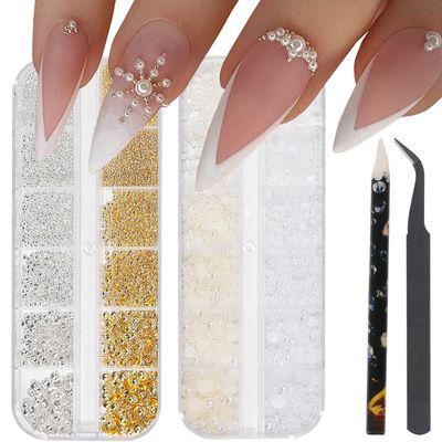 HNUIX Nail Art Charms - Metal Silver &amp; Gold Beads, Flat back Round Rhinestones, Small Nail Pearls, 3D Mixed Sizes Decorations for Nails