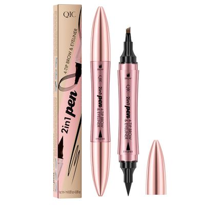 2 in 1 Microblading Eyebrow Pen with Eyeliner Pencil, Waterproof Eyebrow Pencil with 4 Fork Tip Multifunctional Double Head Microblade Eyebrow Pencil Waterproof and Long-Lasting (Dark brown)