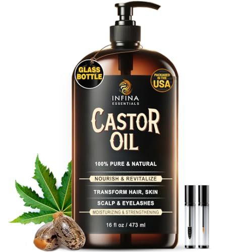 INFINA ESSENTIALS Pure Cold Pressed Castor Oil - Hexane Free, Glass Bottle for Hair Growth, Face, Scalp, Skin &amp; Eyelashes - Nourishing and Moisturizing - 16 fl oz
