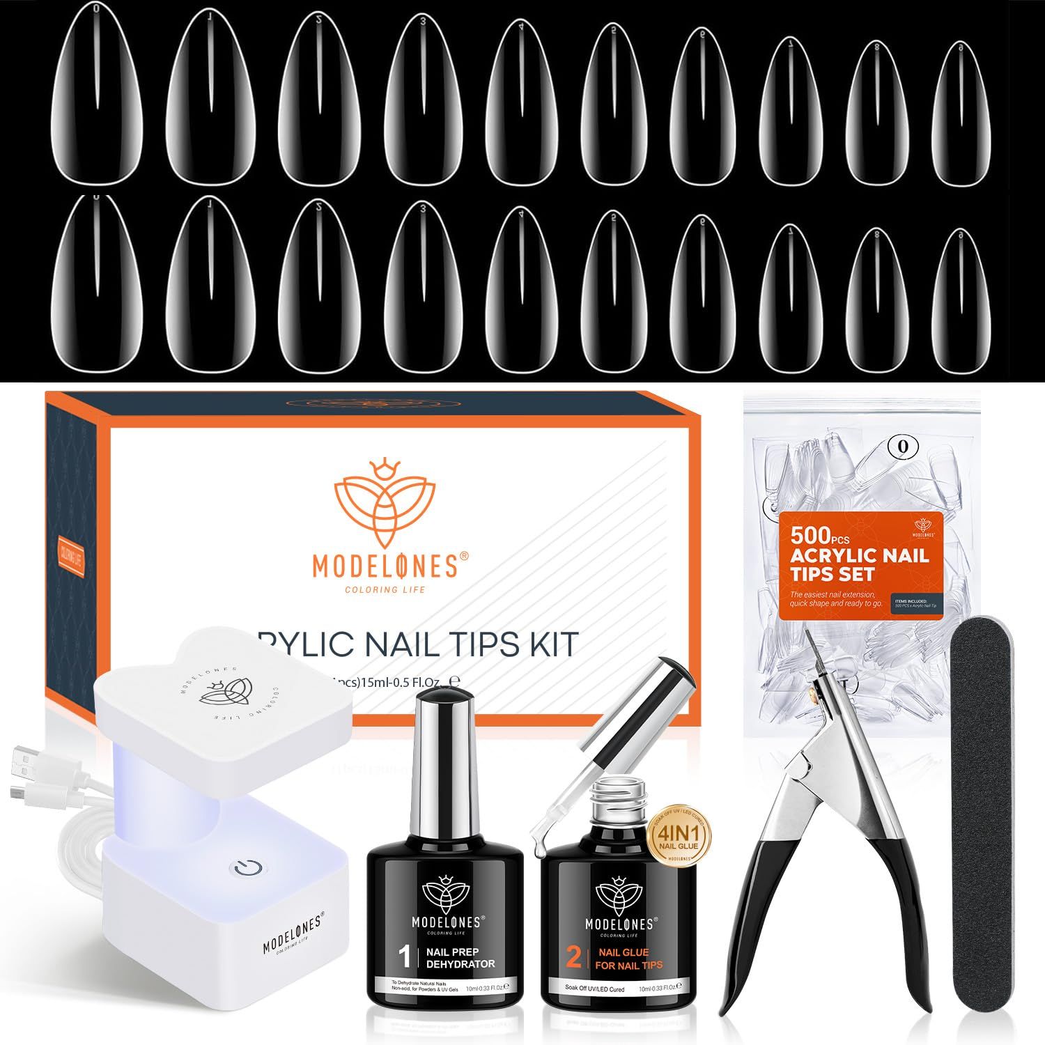 modelones Gel Nail Kit, 500Pcs Soft Gel Nail Tips Medium Almond Shape, Nail Glue Nail Prep Dehydrate &amp; Portable Led Lamp Nail Clipper, Easy Nail Extension Set for Easter Nail Art