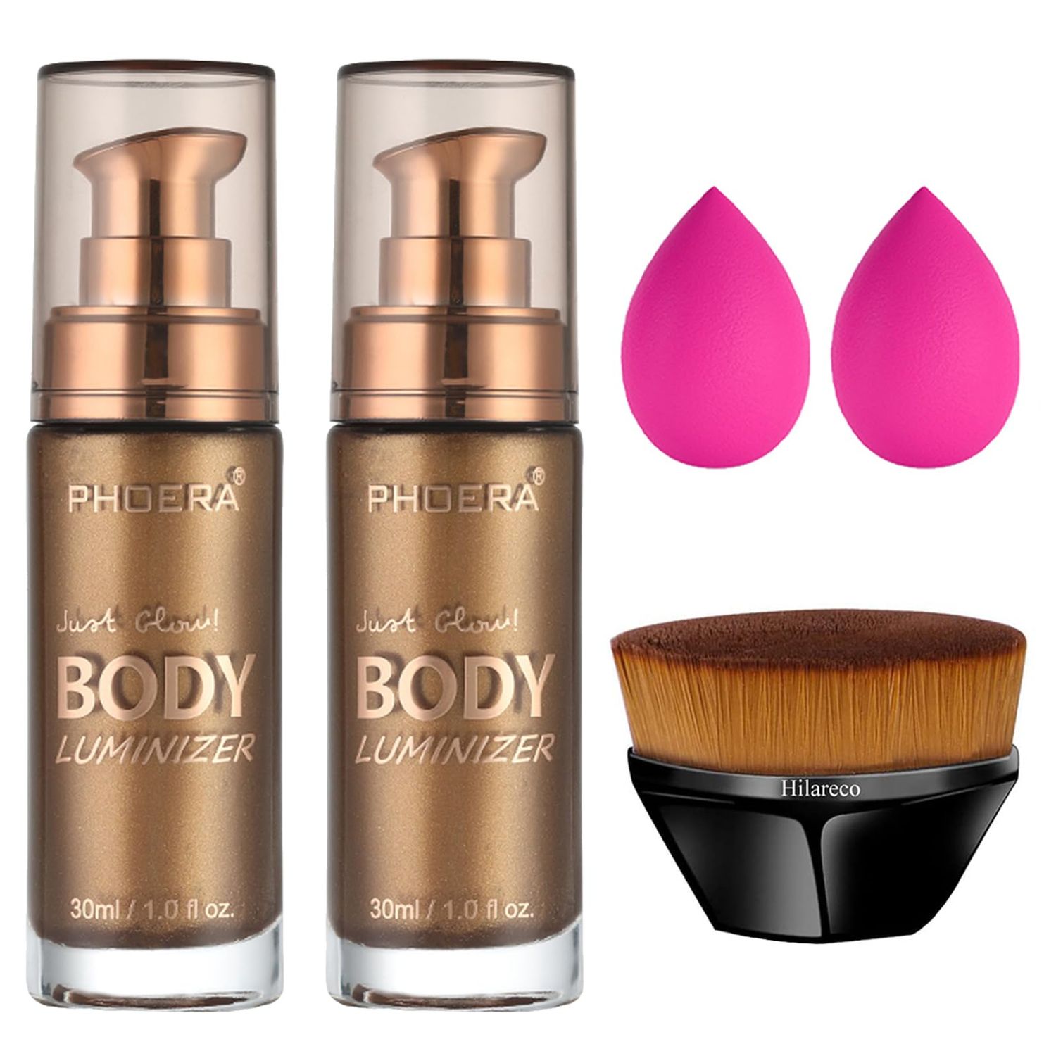 PHOERA Body Shimmer Oil, Body Bronzer Shimmer Oil,Body Glow Oil Shimmer Highlighter Luminizer Body Illuminator with Body Makup Bursh,Self Tanning Lotion,1ozJars (2PCS 103 Glistening Bronze)