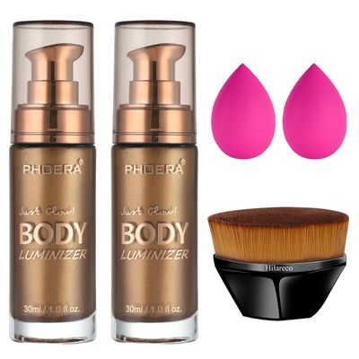 PHOERA Body Shimmer Oil, Body Bronzer Shimmer Oil,Body Glow Oil Shimmer Highlighter Luminizer Body Illuminator with Body Makup Bursh,Self Tanning Lotion,1ozJars (2PCS 103 Glistening Bronze)