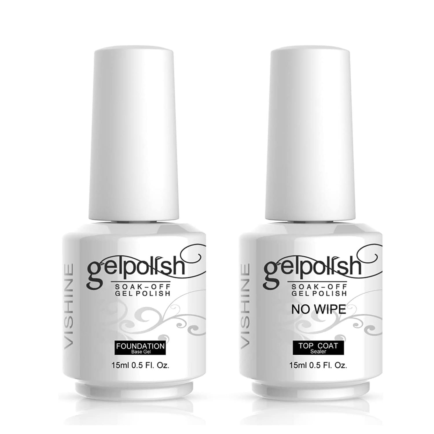 Vishine 15ml No Wipe Top Coat Base Coat Soak off UV LED Drying Long Lasting Shiny Nail Varnish Set