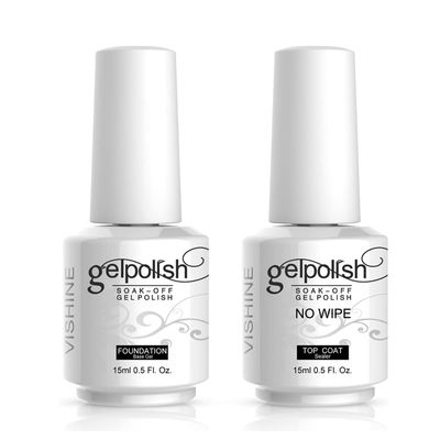 Vishine 15ml No Wipe Top Coat Base Coat Soak off UV LED Drying Long Lasting Shiny Nail Varnish Set