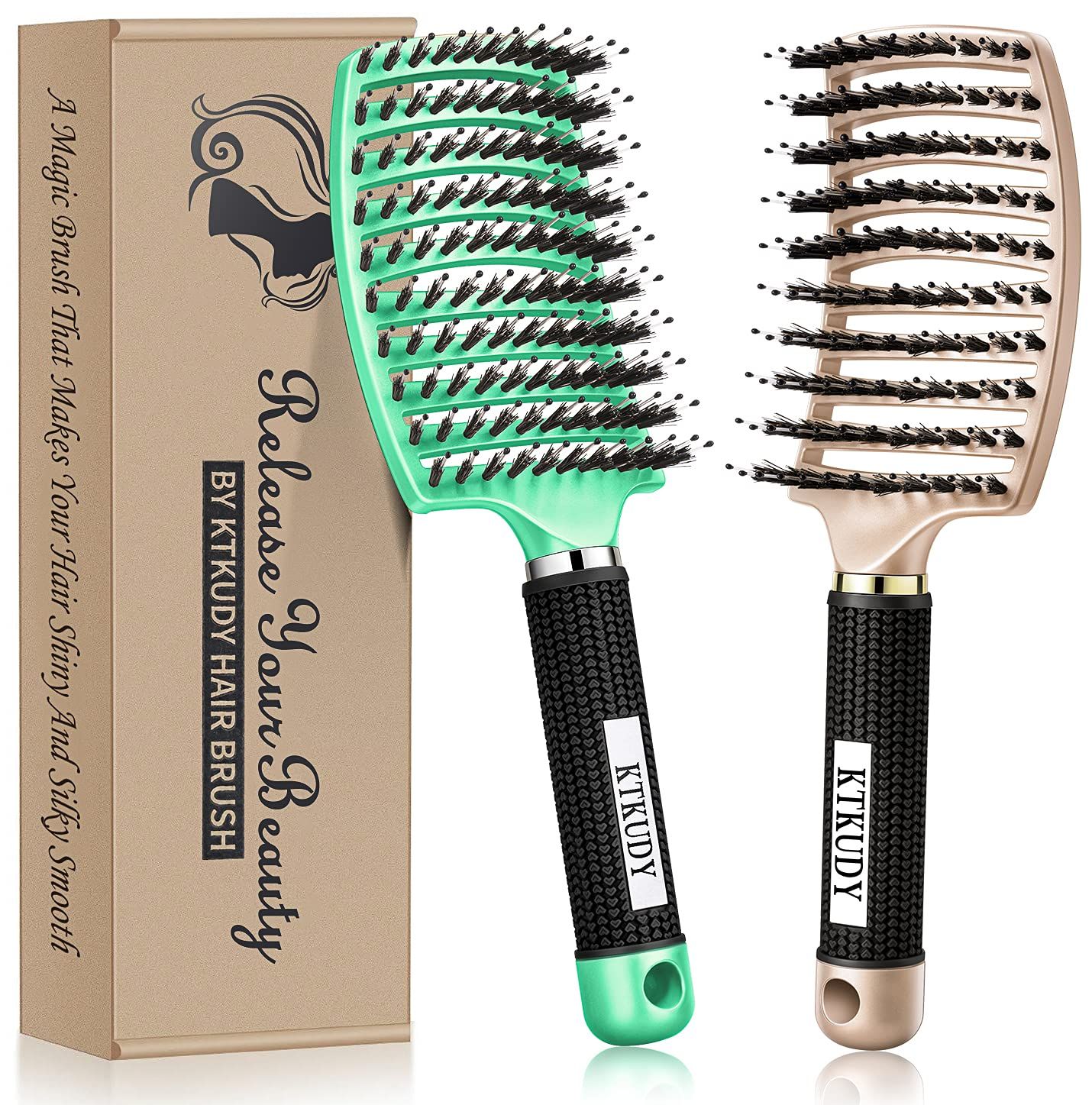 KTKUDY Detangling Brush Getting Knots Out without Pain - Boar Bristles Hair Brush Make Hair Shiny &amp; Healthier Vented Detangler Brush for Women Men Kids Wet and Dry Hair (Gold &amp; Green)