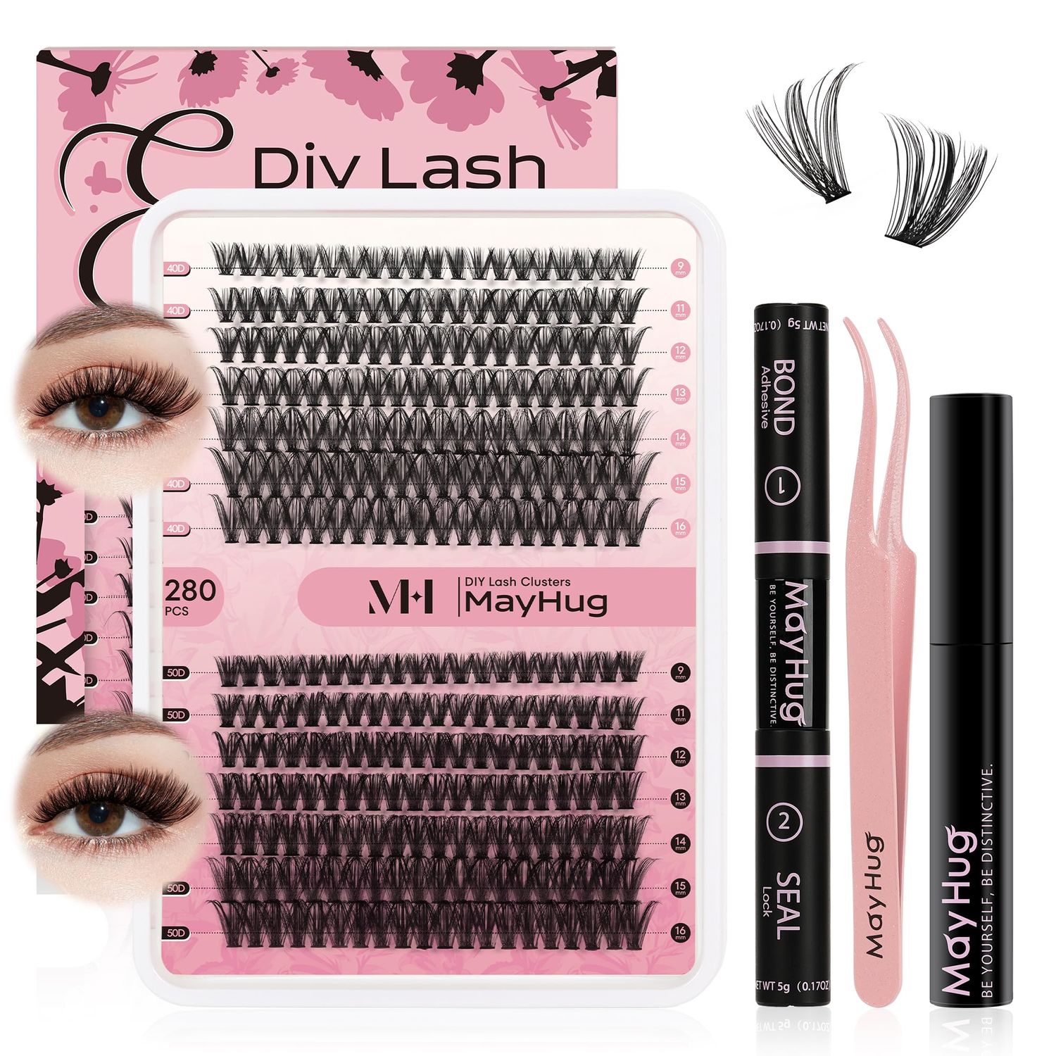 Mayhug Lash Clusters Kit - Individual Lashes Clusters, 9-16MM D Curl Volume Lash Extension Kit, 40D50D Clusters with Bond and Seal, Remover, Tweezers, 280PCS Eyelash Extension Kit