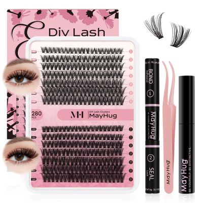 Mayhug Lash Clusters Kit - Individual Lashes Clusters, 9-16MM D Curl Volume Lash Extension Kit, 40D50D Clusters with Bond and Seal, Remover, Tweezers, 280PCS Eyelash Extension Kit