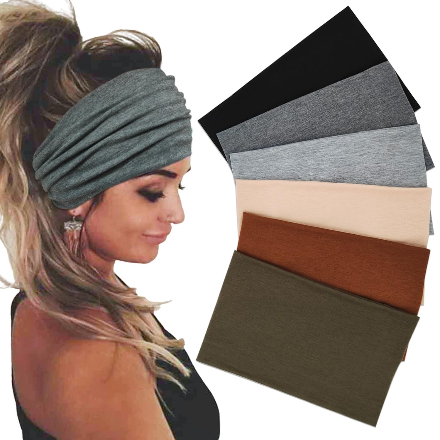 Sefiinh Wide Headbands For Women Stretch Headband Boho Head Bands Women&#39;s Hair Band Turban Workout Hairband Accessories 6 Pack