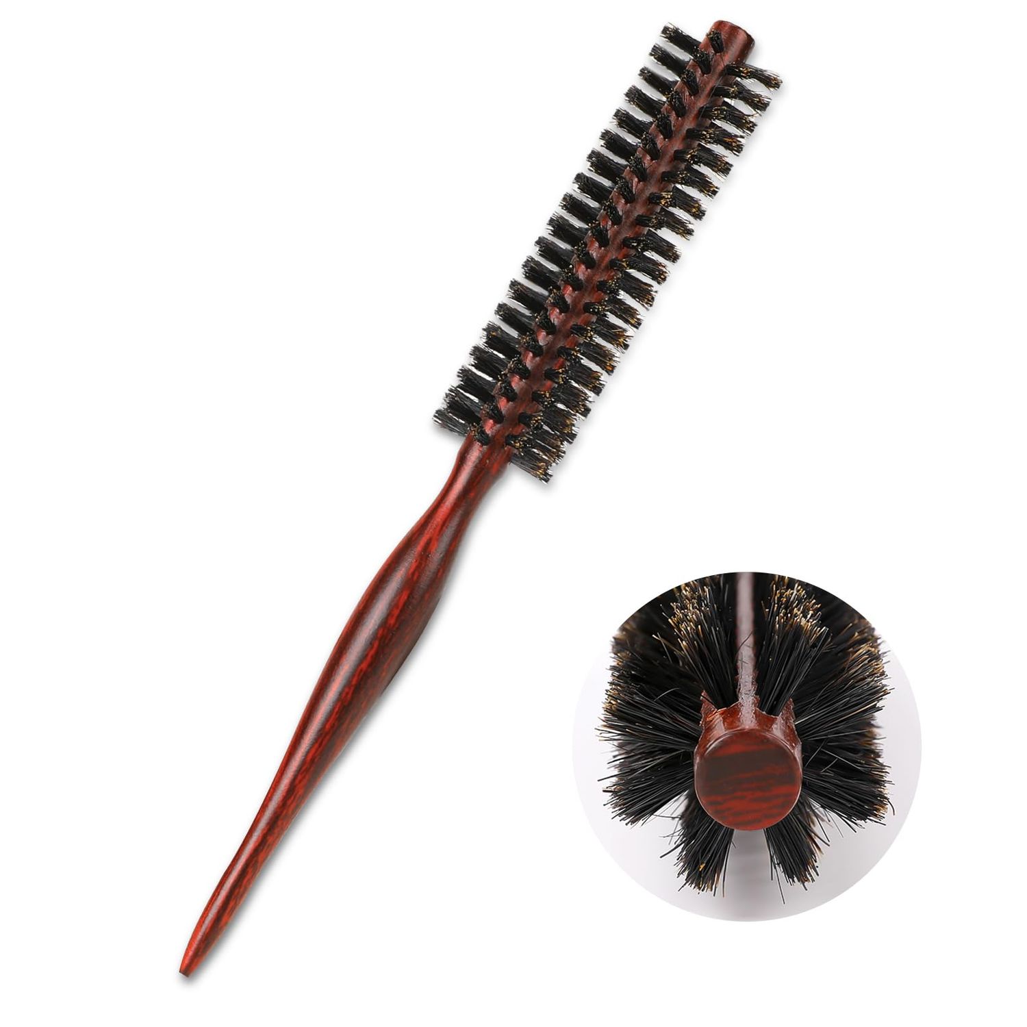 Small Boar Bristle Round Brush for Blow Drying, Styling - Wooden Handle, Soft Natural Bristles for ShortThin Hair, Women and Men&#39;s Beard