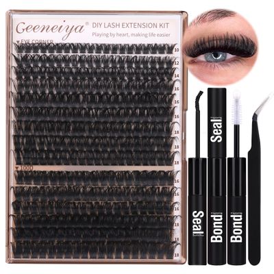 Geeneiya Volume Lash Clusters Kit DIY Lash Extension Kit D Curl Eyelash Extensions with Waterproof Lash Bond and Seal Waterproof Tweezers,10-14mm Eye Corner Eyelashes and 16-18MM Cluster Lashes 300Pcs