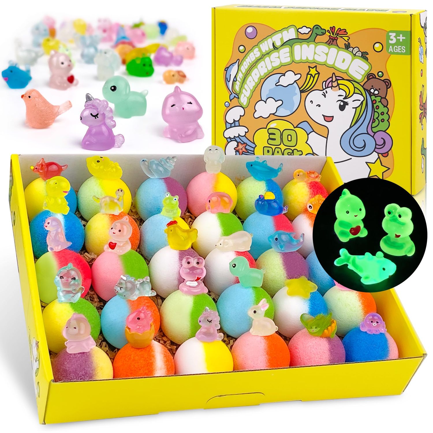 Bath Bombs for Kids with Toy Inside, 30 PCS Natrual and Organic Bubble Bath Bombs with Glow-in-The-Dark Surprise Inside, Perfect Handmade Birthday Halloween Christmas Gift for Boys and Girls.