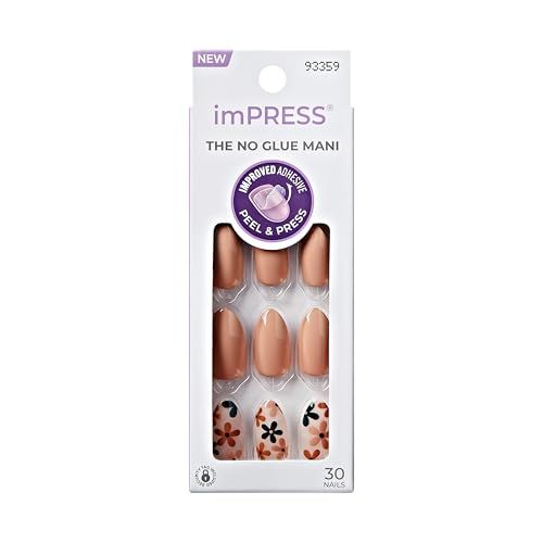 KISS imPRESS No Glue Mani Press-On Nails, Design, 'As It Was', Neutralgreen, Medium Size, Almond Shape, Includes 30 Nails, Prep Pad, Instructions Sheet, 1 Manicure Stick, 1 Mini File