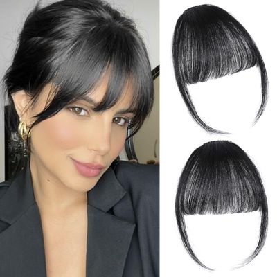 ELEFOCUS Clip in Bangs 100% Real Human Hair Extensions Wispy Natural Black Fake Bangs Hair Clip on bangs for women Fringe with Temples Hairpieces Faux Bangs for Daily Wear