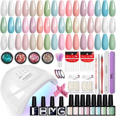 PHOENIXY Gel Nail Polish Kit with U V Light, 40 Pcs Pink Blue Green White Nude Gel Nail Polish Set with 48W Nail Lamp Gel Nail Kit Gifts for Women