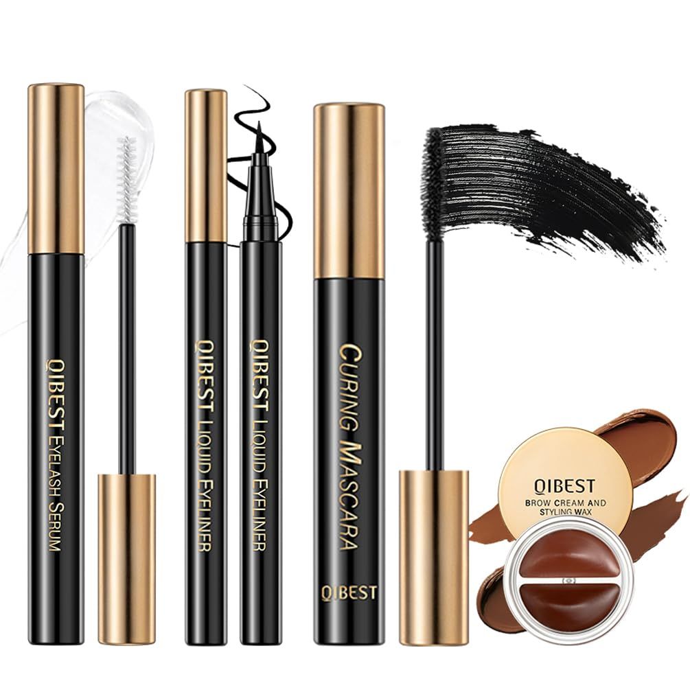 BEUKING Liquid EyelinerLash SerumMascara2 In 1 Eyebrow Cream 4Pcs Set Waterproof Sweat-resistant Non-smudge Make-up Natural Three-Dimensional Comprehensive Eye Makeup Kit for Daily Eye Makeup