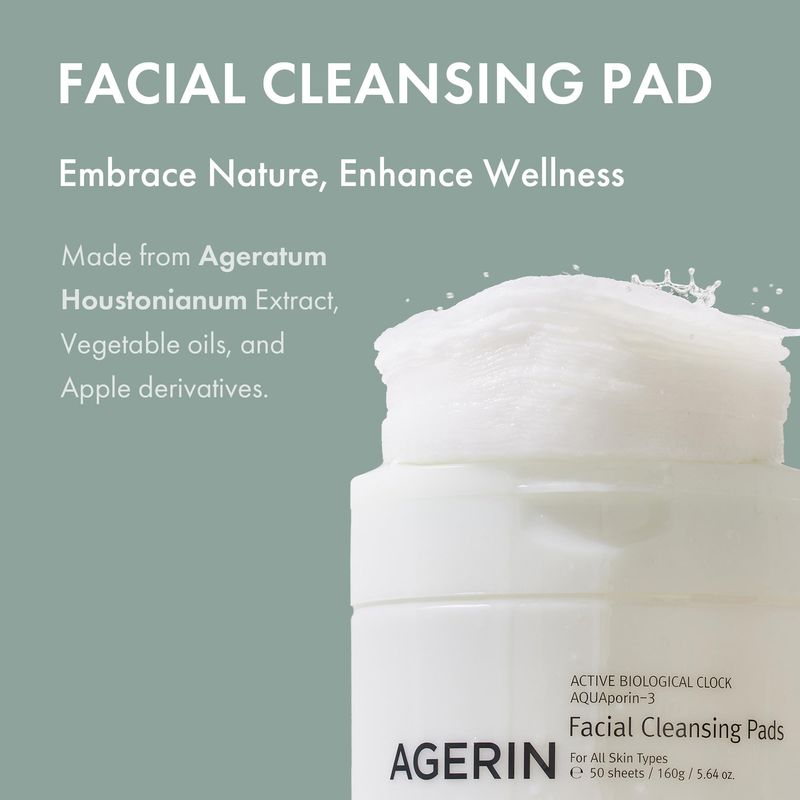 AGERIN Facial Cleansing Pads - Daily Oil &amp; Makeup Remover Cotton Pads, Gentle Cleansing, Hydrating, Dirt &amp; Impurities Removal Without Tugging - Vegan, Non-Irritating, 50pads