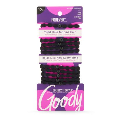 Goody Ouchless Forever Hair Elastics - 10 Ct, Black, Damage-Free Bands, 3X Stronger Hair Ties, Retainable Shape, 16 Strand Inner Core, Hair Accessories for Women &amp; Men, For Fine Hair